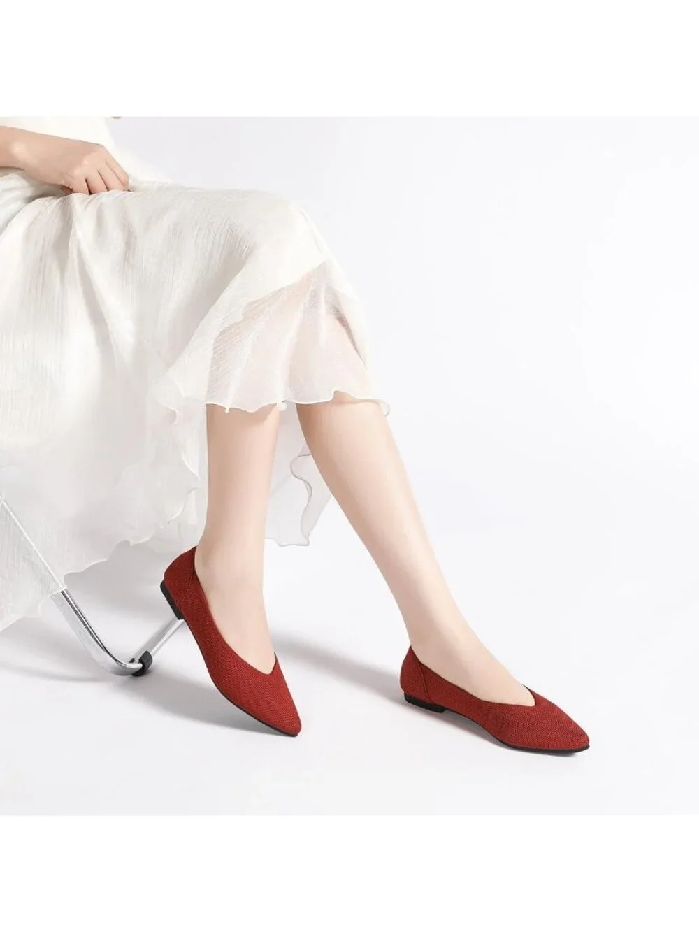 Women's Red Ballet Flats Pointed Toe Comfortable Knit Slip Casual Shoes